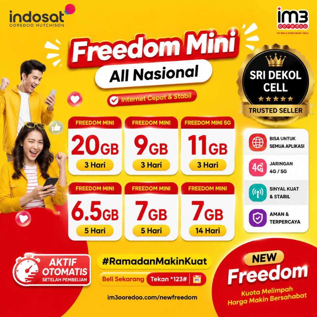 Kuota Indosat Freedom Mini 20GB 3 Hari | 9GB 3 Hari | 11GB 5G | 6.5GB 5 Hari | All Nasional | Auto A
