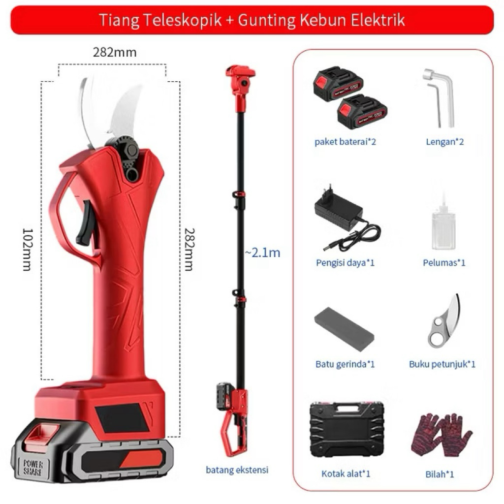 COD Gunting dahan elektrik cordless + tiang penyangga pruning dahan scissors