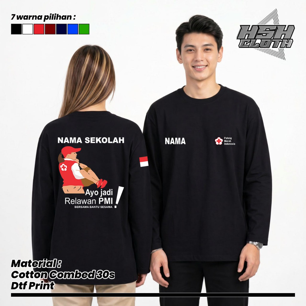 Baju Kaos Distro Lengan Panjang PMI PMR Relawan PMI Gratis Nama Sekolah Bisa Custom - HSHCloth