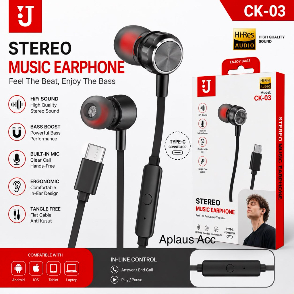 (GROSIRAN) Handsfree Headset Type C Universal Stereo Earphone CK-03 + Mic buat telepon Bass Hifi