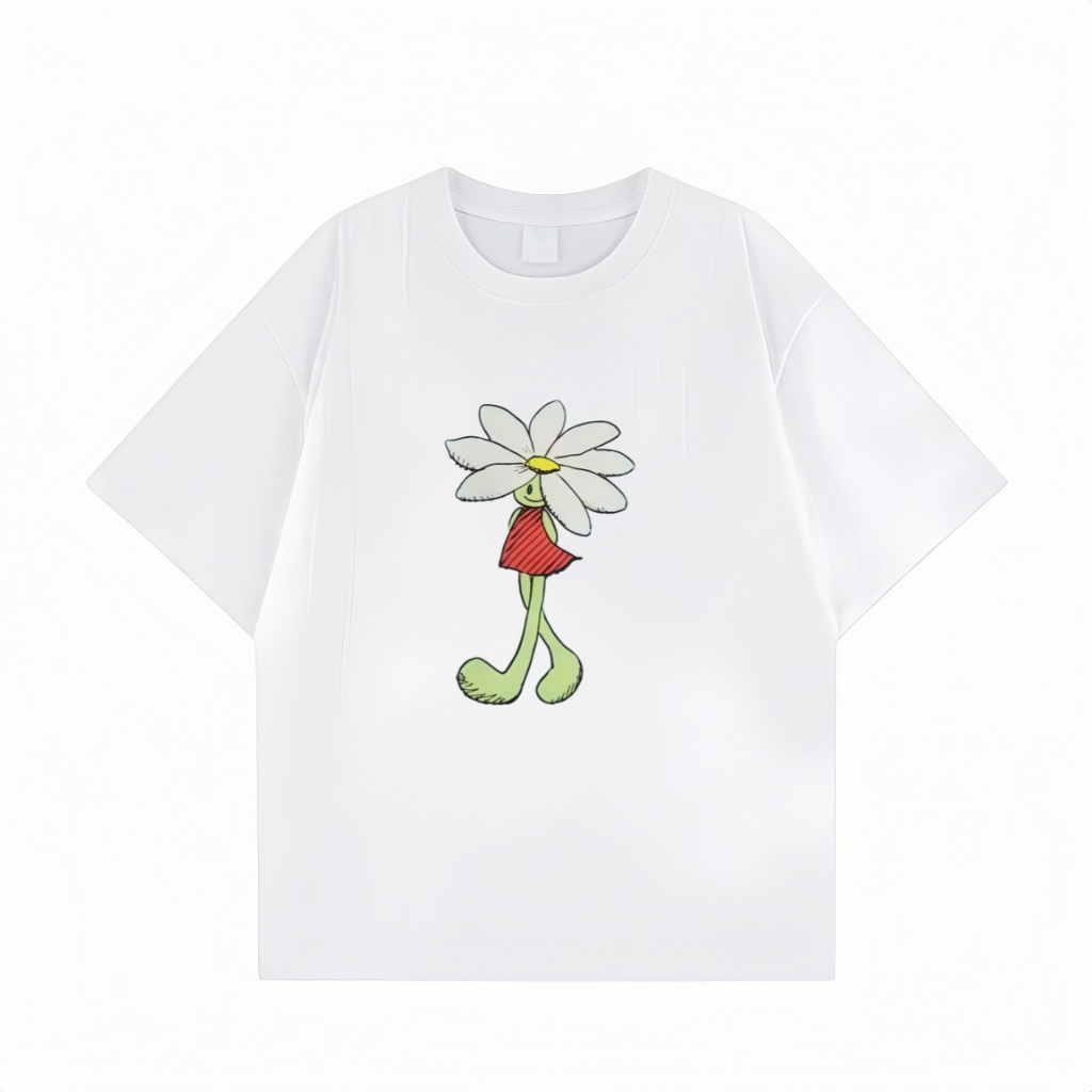 Kaos Wanita Lengan Pendek Oversize Motif Bunga Daisy Kartun Kaki Panjang Gaun Merah Sketsa Minimalis