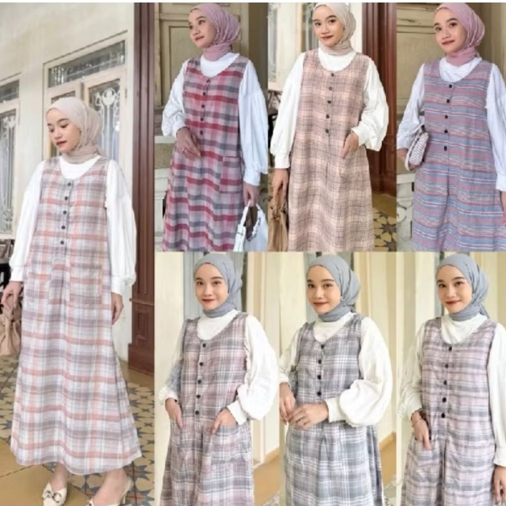Overall Dress Wanita Katun Triset Premium Motif Kotak Pastel Overall Triset Gamis Lebaran