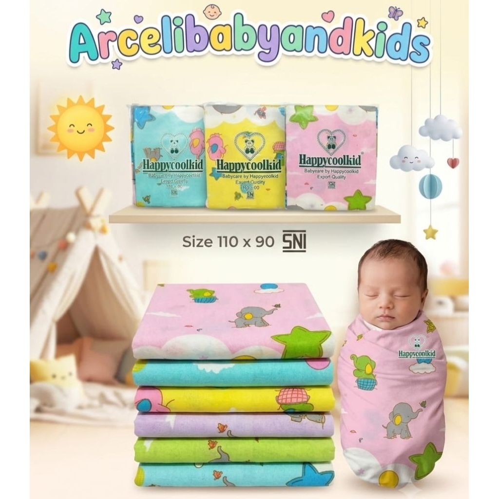 Promooo Terbaru 1ls/12pcs Kain Bedong Bayi Flanel size 110x90 Motif Full Print HappycoolKid / Bedong