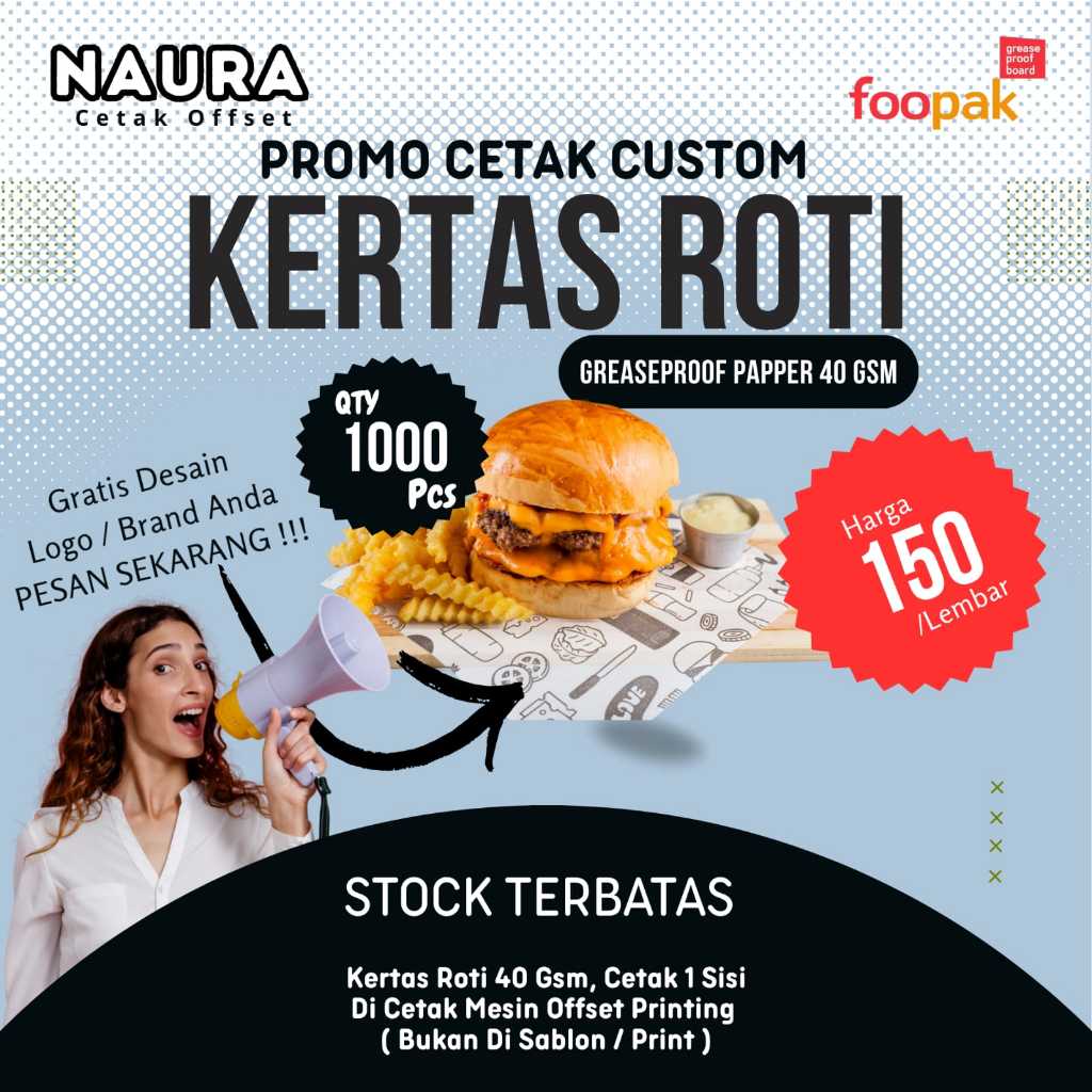 KERTAS ROTI / Cetak custom Kertas Roti / Logo / Promo Kertas Roti / Foopak / Greasepapper / Foodgrad