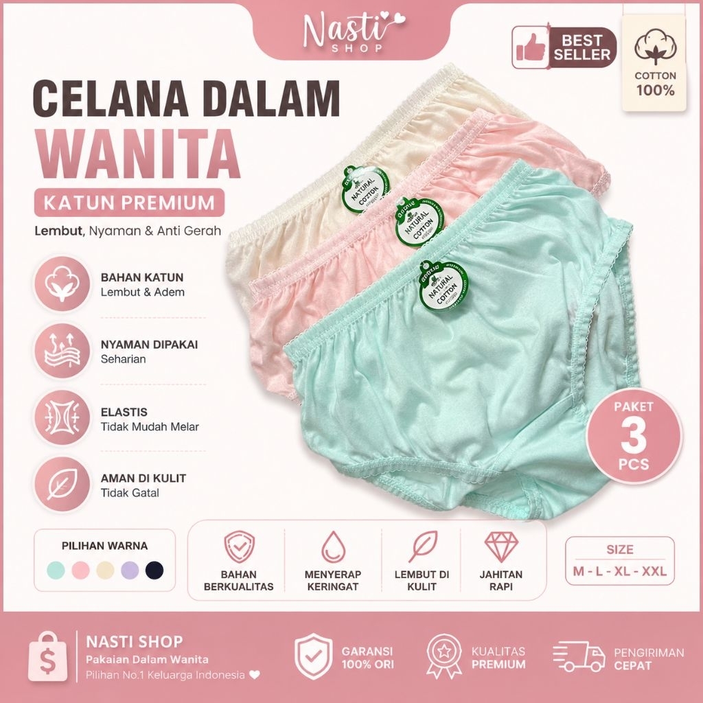 (3 PCS) CELANA DALAM WANITA KATUN KUALITAS BAGUS CD WANITA CD CEWE CD LUSINAN