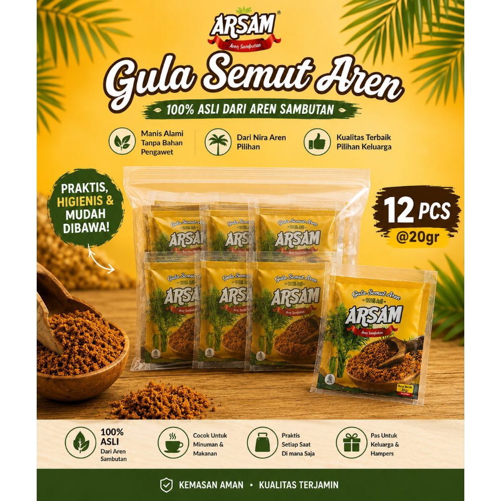 ARSAM Gula Semut Aren Asli 12 Sachet x 20gr | 100% Gula Aren Murni | Tanpa pengawet