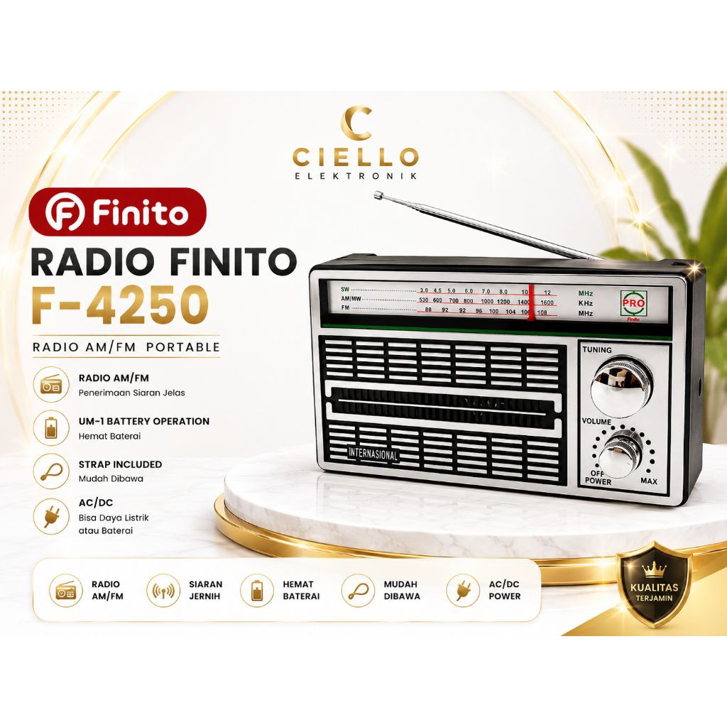 Radio Finito F-4250 Radio AM FM SW Portable AC DC Radio Internasional Baterai & Listrik