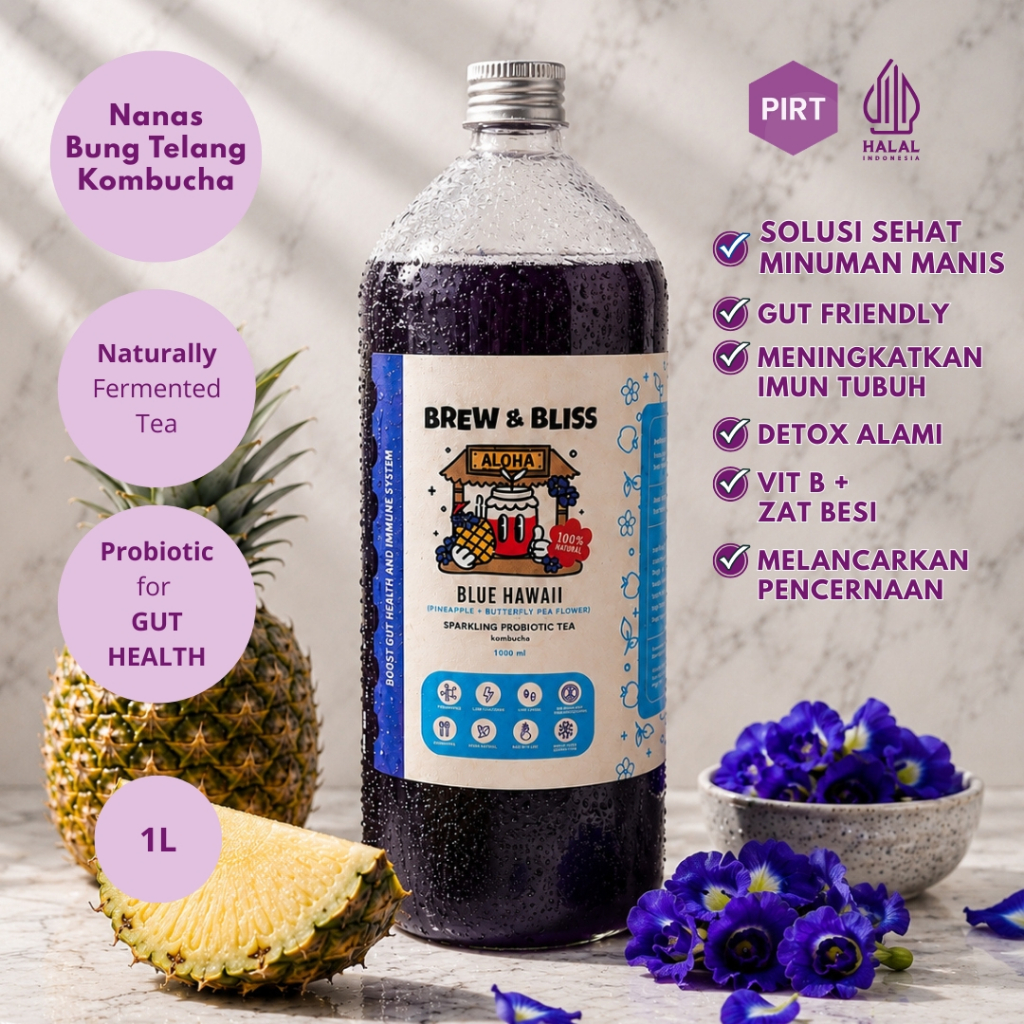 Kombucha Blue Hawaii (Nanas Bunga Telang) 1L - Teh Fermentasi Pencernaan Minuman Sehat Probiotik Det