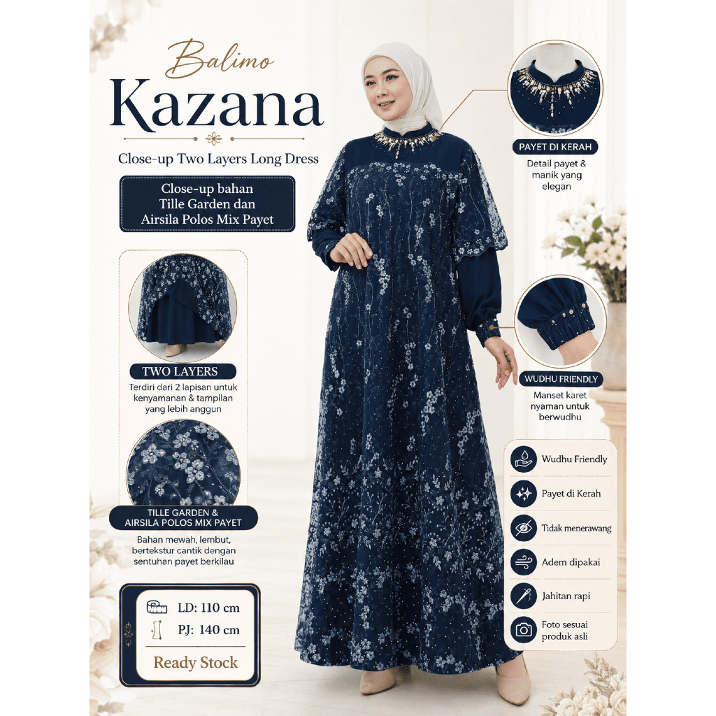 Balimo Kazana Gamis Muslim Wanita Premium Two Layer Dress Wudhu Friendly Original