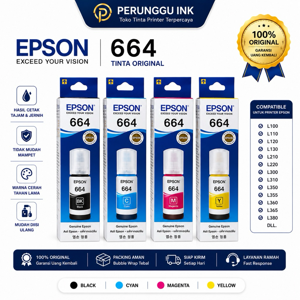 Tinta Epson 664 Original 1 Set 4 Warna / Satuan - Tinta Printer Epson L120 L360 L310 L220 L1300 Orig