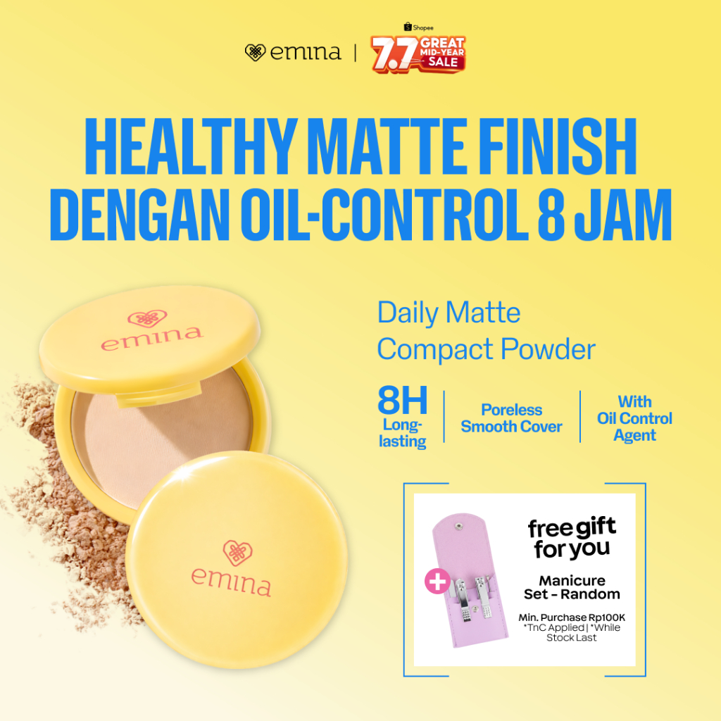 Emina Daily Matte Compact Powder 11g - Bedak Padat Matte Finish Oil Control Tahan Lama 8 Jam, Blur P