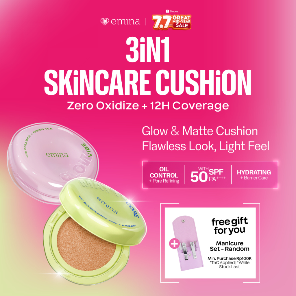 NEW! Emina Glow & Matte 3in1 Skincare Cushion SPF 50 PA++++ 13 G | Flawless Lightweight Make Up Foun