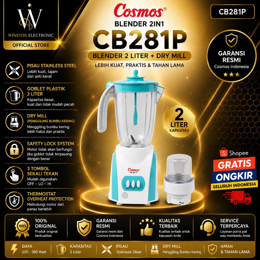 BLENDER COSMOS 2IN1 CB 281P BLENDER 2L/CB281P/CB281 P/CB 281P/CB 281P/CB-281P/ORIGINAL GARANSI RESMI