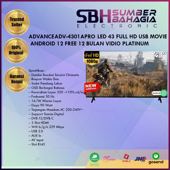 ADVANCEADV-4301APROLED 43 FULL HD USB MOVIE ANDROID 12 FREE 12 BULAN VIDIO PLATINUM (NEW)