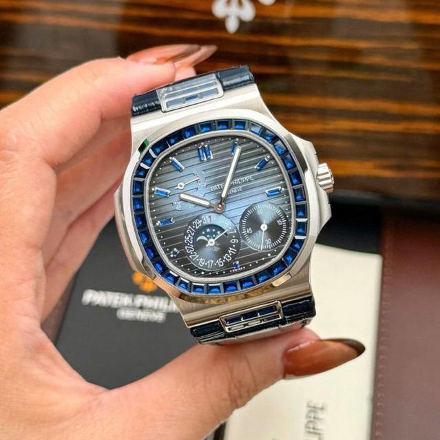 JAM TANGAN PRIA PATEK PHILIPPE MOONPHASE LEATHER NAVY SILVER DIAMOND AUTOMATIC GRF CLONE 40mm #Jamta