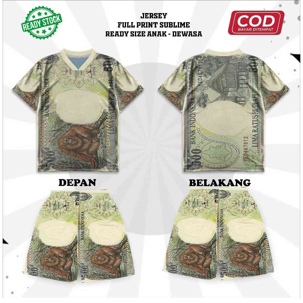 Setelan Jersey Motif Uang 500 Lima Ratus Monyet Jadul Baju Sport Duit Gambar Unik Full Printing Subl