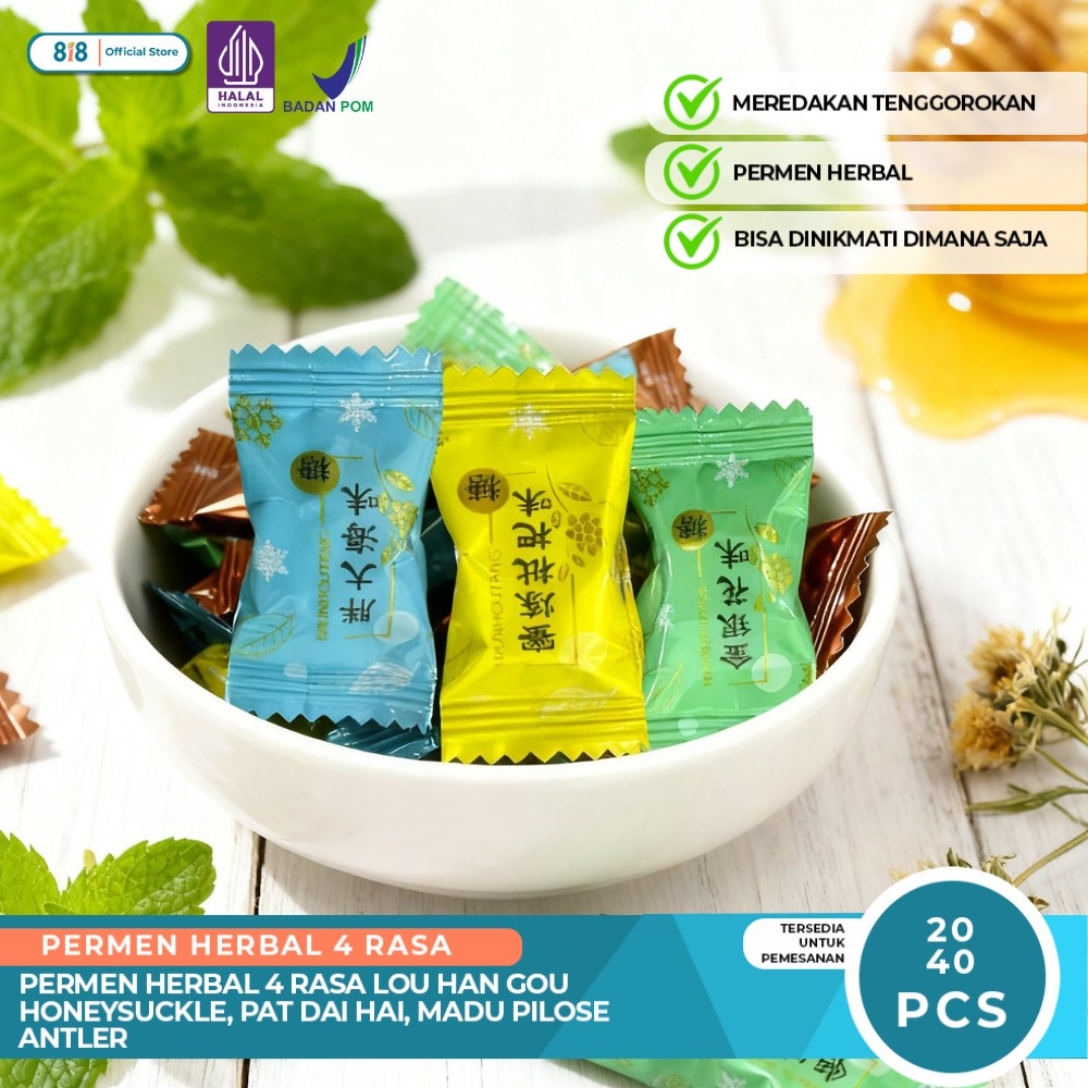 Permen Herbal Pereda Sakit Tenggorokan 4 Rasa Luo Han Guo Honeysuckle Pat Hai Hai Madu Niose Antler 