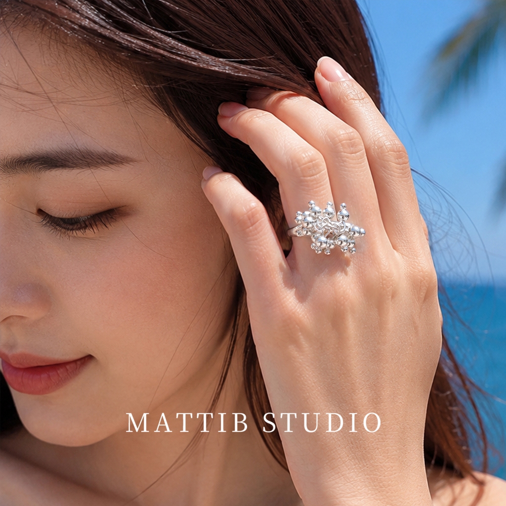 MATTIB Cincin Buka Motif Bunga Kembang Api Bola Logam Berlapis Perak Anti Alergi Aksesoris Wanita Ga