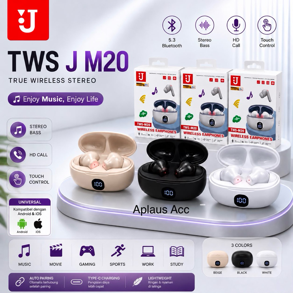 (GROSIRAN) Headset Bluetooth TWS J M20 Wireless Earphone Bluetooth 5.3 HiFi Stereo Bass HD Call Touch Control Type-C