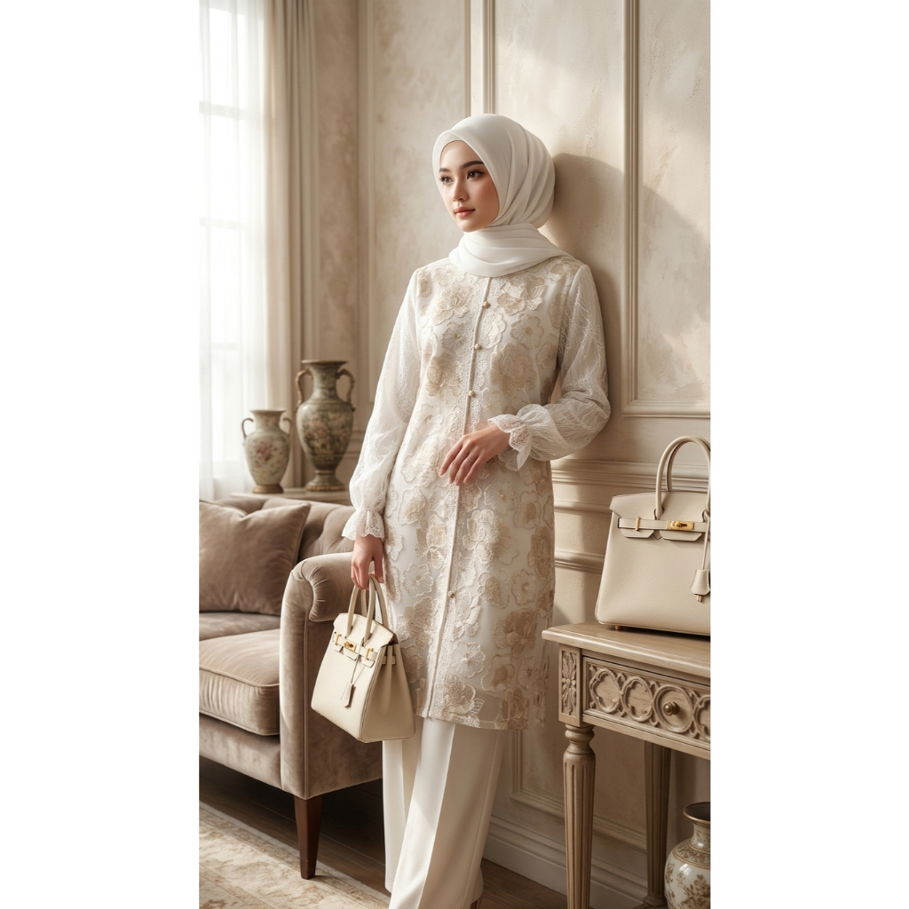 Raisha Gamis Nayla One Set Celana Tunik Brukat Premium