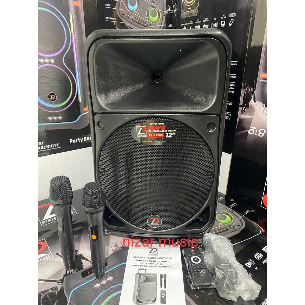 Speaker Portable PASLINE PL-112HH 12 Inch 600 Watt Usb Bluetooth 2 Mic Wireless Rechargeable Origina
