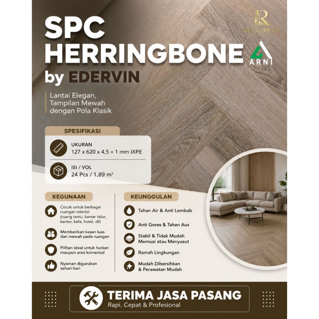 Lantai SPC Herringbone Edervin 5mm Lantai Vinyl Click Parket Premium
