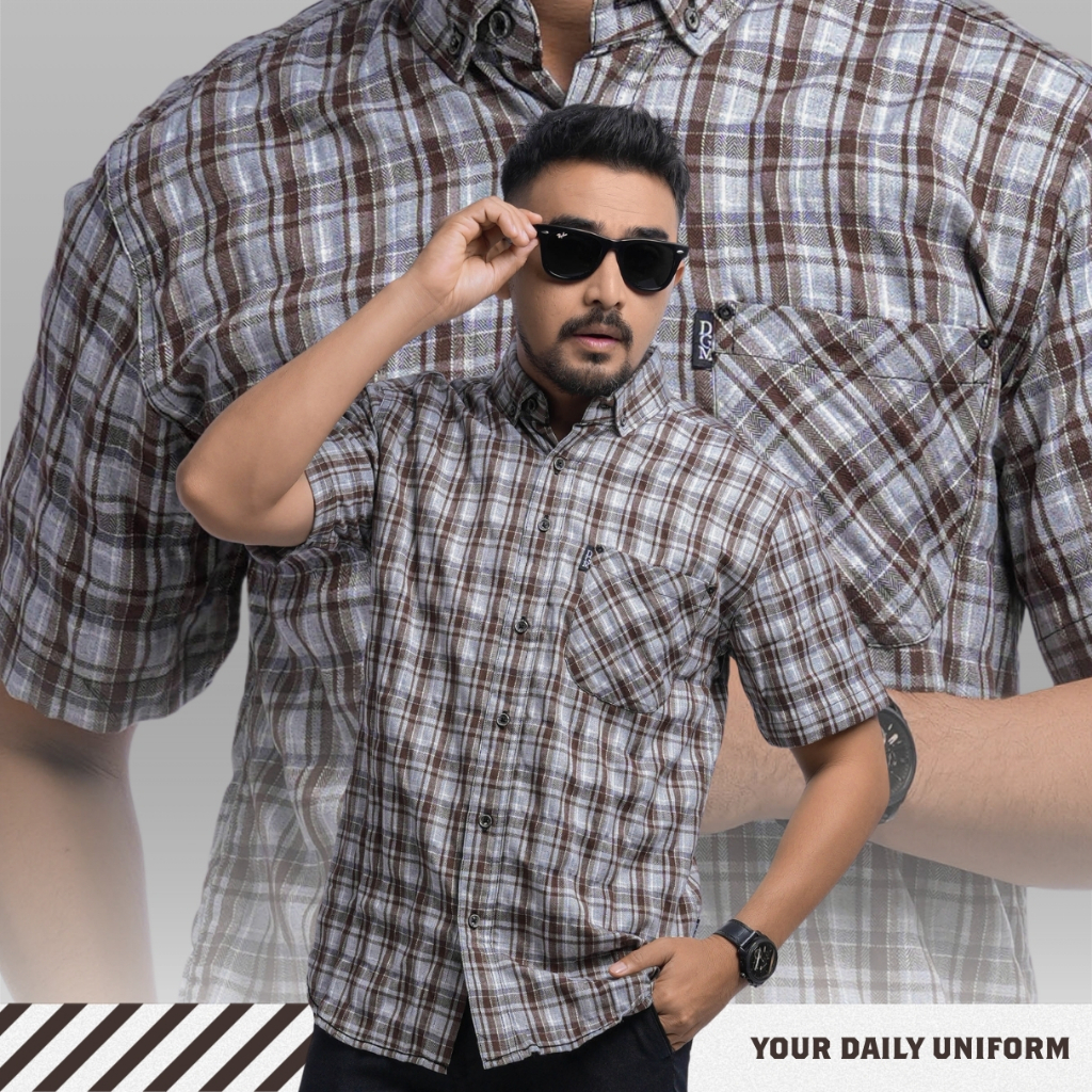 DGM Kemeja Pendek Kemeja Pria Flanel Pendek Kemeja Flanel Pendek Flanel Pria Pendek Abu Garis Coklat