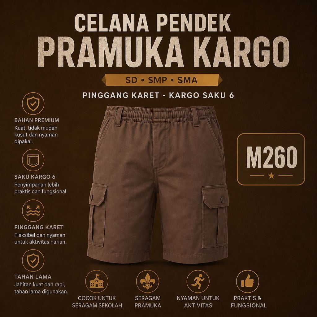 [M260] Celana Pendek Pramuka Cargo Anak Sekolah SD SMP SMA Pinggang Karet Saku 6 Premium