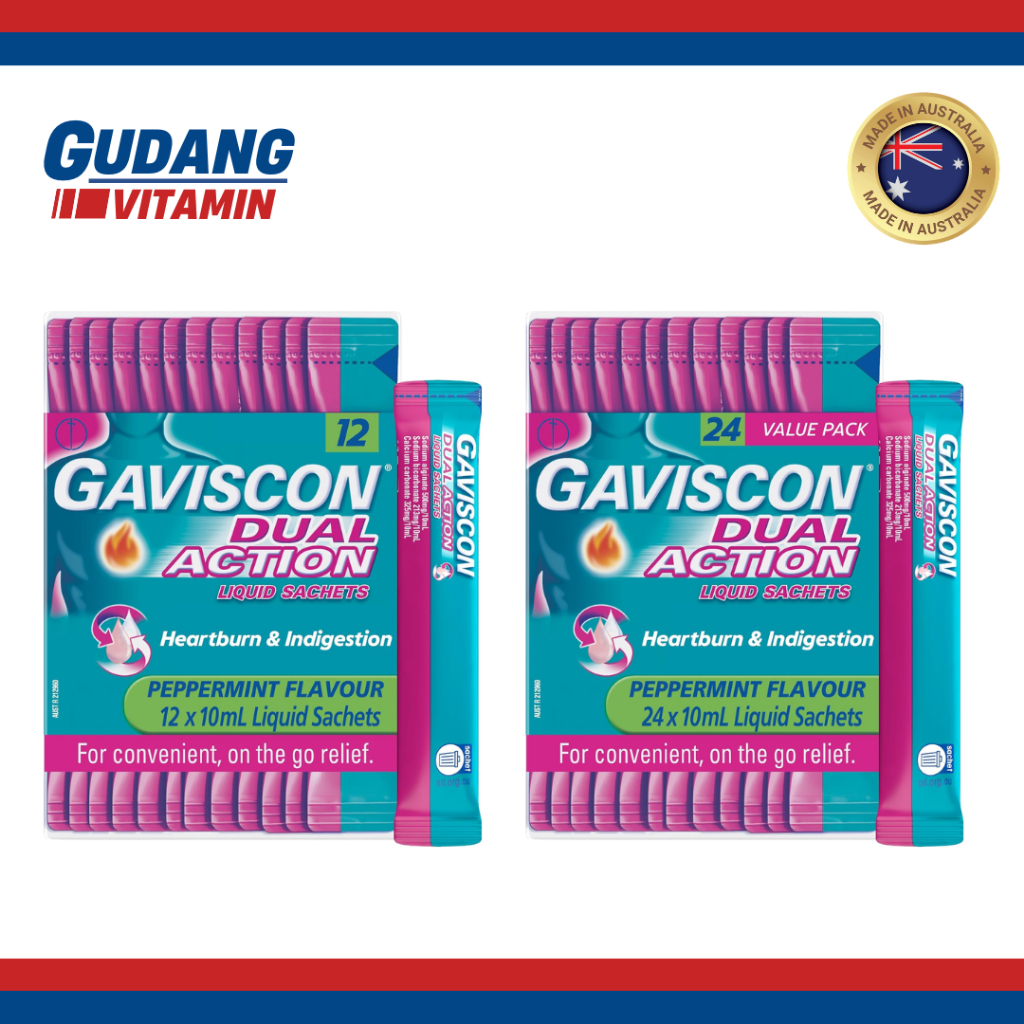Gaviscon Obat Maag Dual Action Liquid Sachets Peppermint 12 x 10mL / 24 x 10mL Australia Import Hear