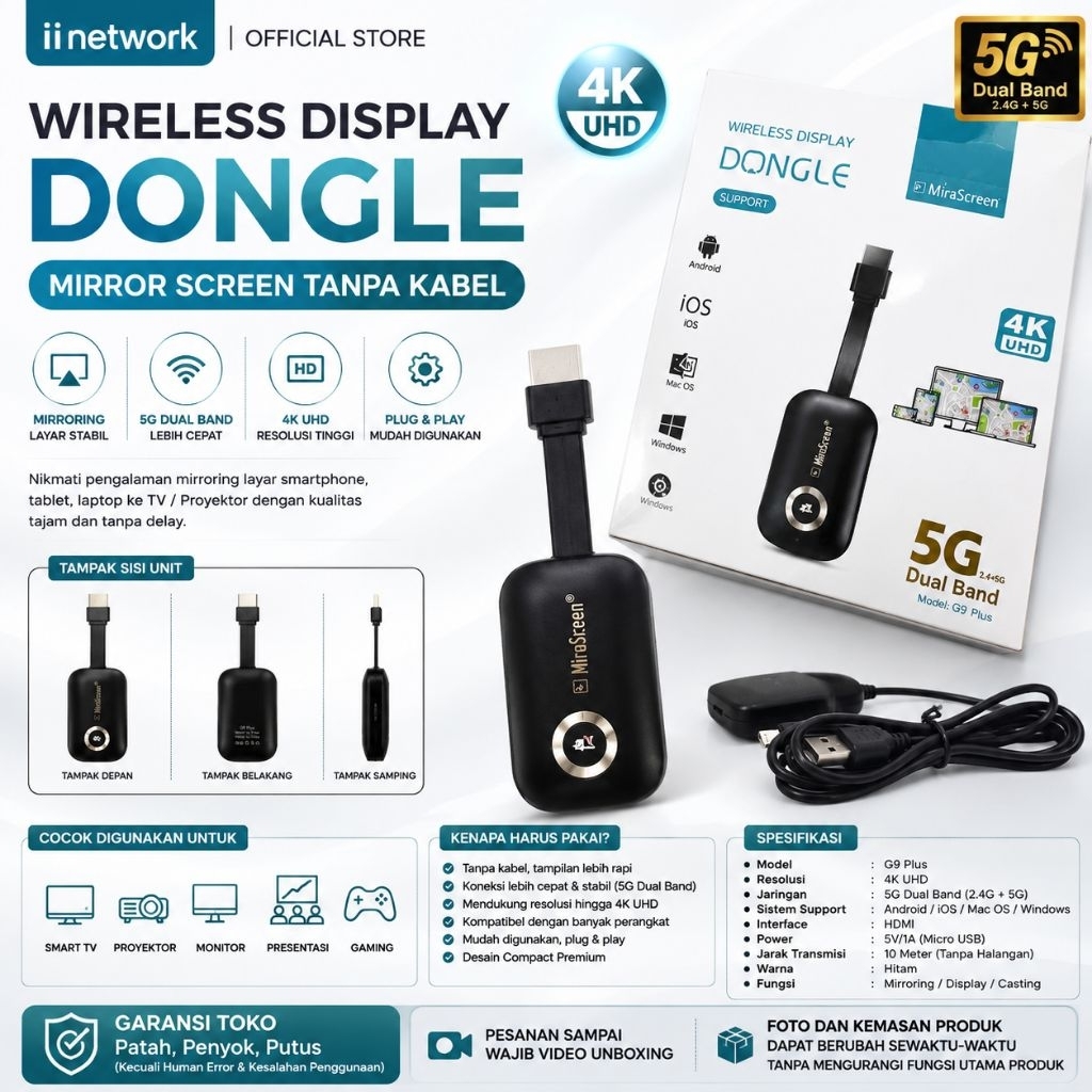 Wireless Display Dongle MiraScreen G9 Plus 5G Dual Band 4K HDMI AnyCast Screen Mirroring Android