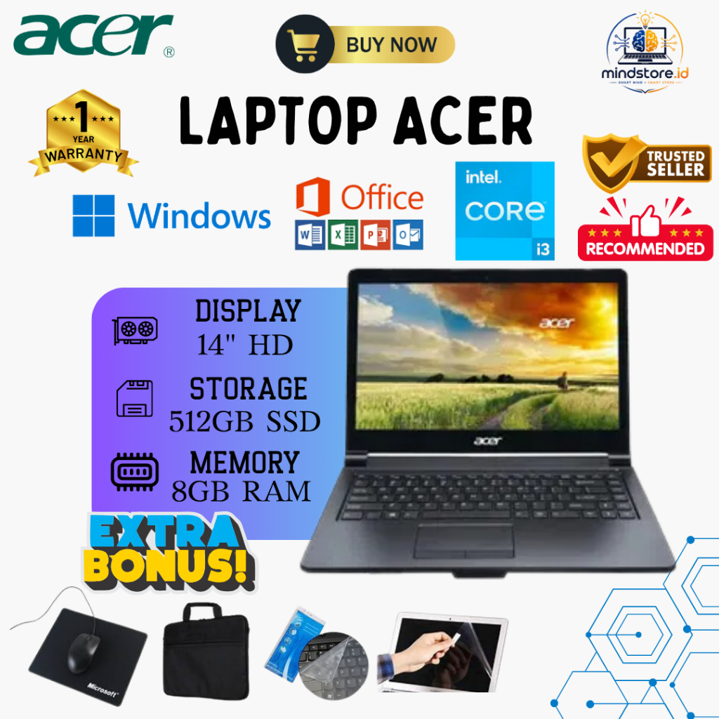 Laptop ACER INTEL CORE i3 | RAM 8GB SSD 512GB | 14 inch HD WINDOWS 10 + OFFICE