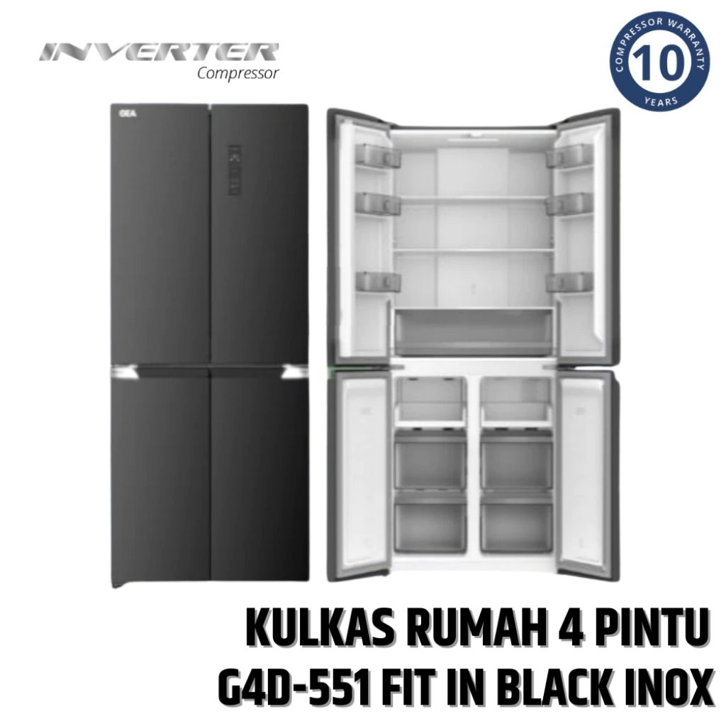Kulkas 4 Pintu GEA G4D-551 Fit-In Black Inox Inverter 551 Liter G4D 551