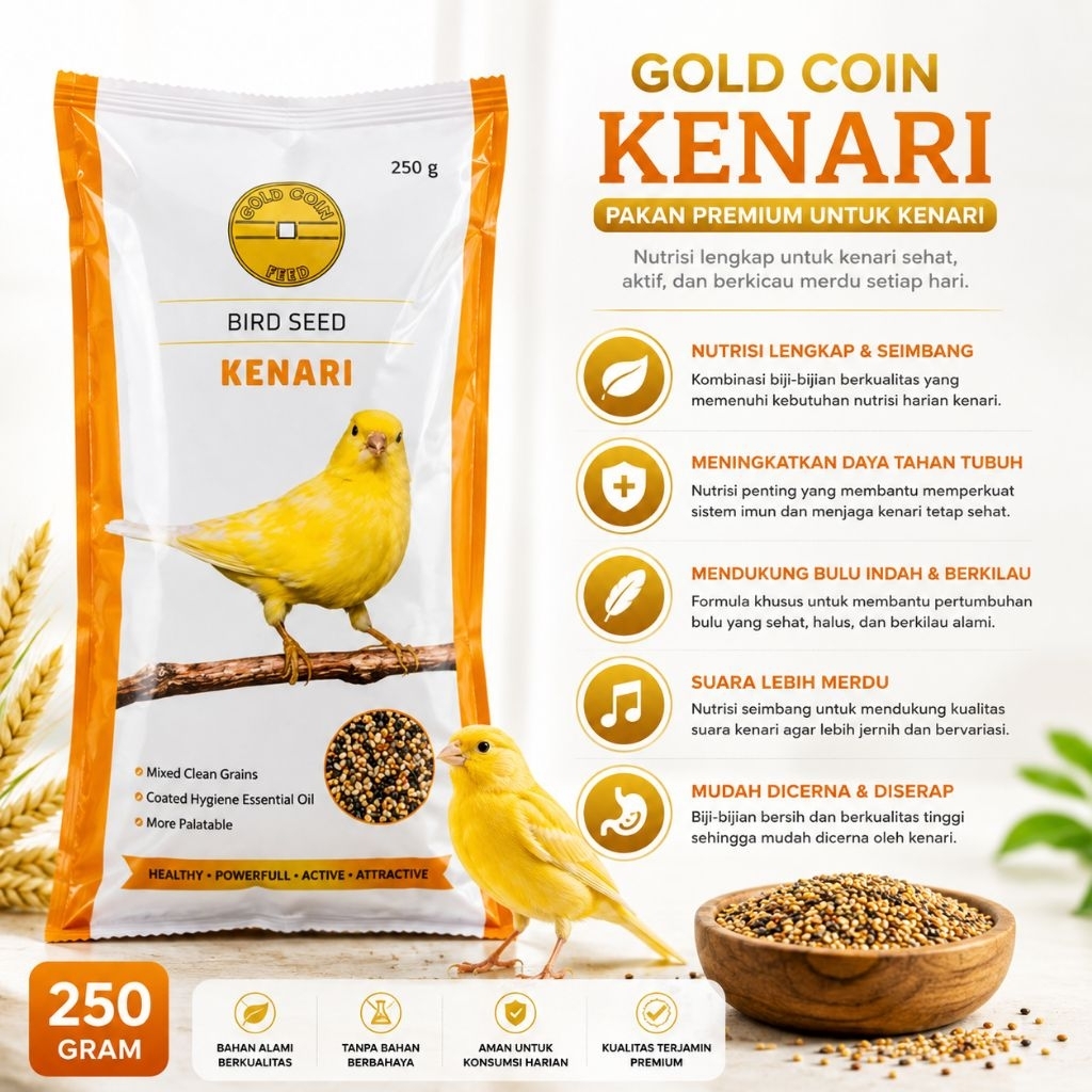 Gold Coin Kenari 250 gram Pakan Burung Kenari Sanger Blackthroat Branjangan Pakan Harian Terbaik
