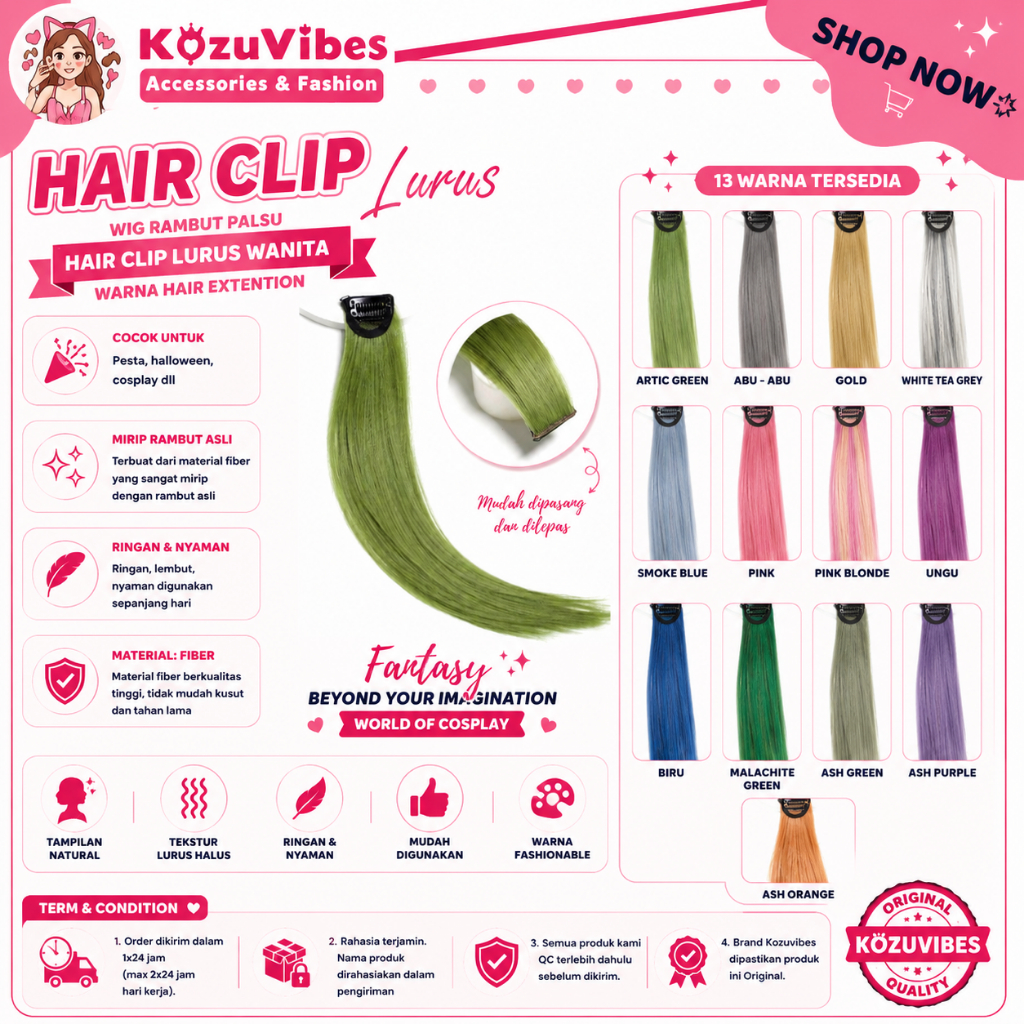 Kozuvibes Wig Rambut Palsu Hair Clip Lurus Wanita Warna Hair Extention