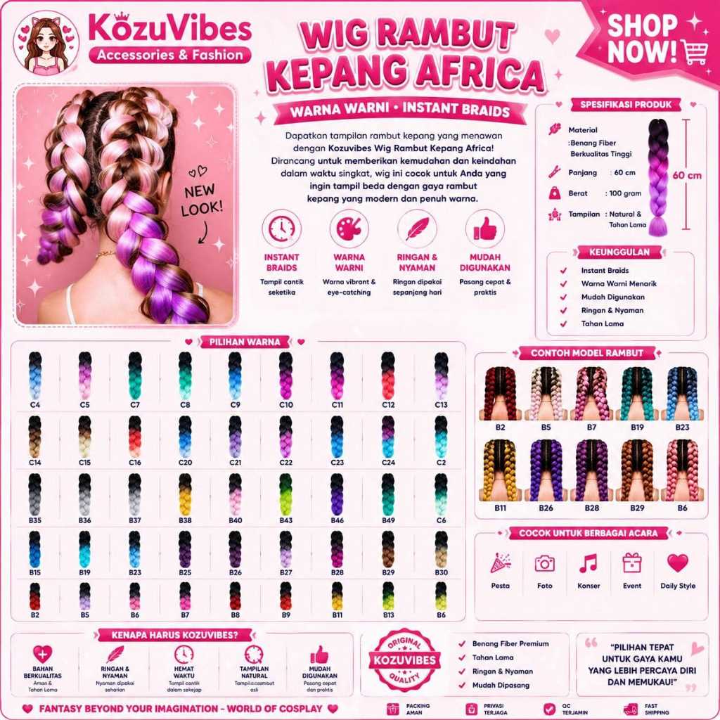 Kozuvibes Wig Rambut Kepang Africa Warna Warni - Kepang Instant Braids Rambut Palsu Wanita