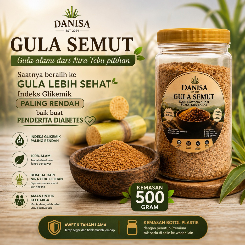 Gula semut tebu 300 gr Danisa/ Brown sugar alami/Gula tebu organik/gulasehat/Pemanis kopi,kue dan mi