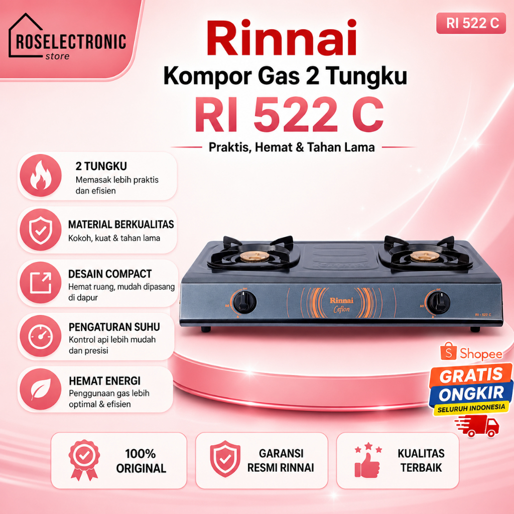 Rinnai Kompor Gas 2 Tungku RI 522 C BERGARANSI ORIGINAL/RI522C/RI-522-C/RI-522C/RI 522C/RI 522 C