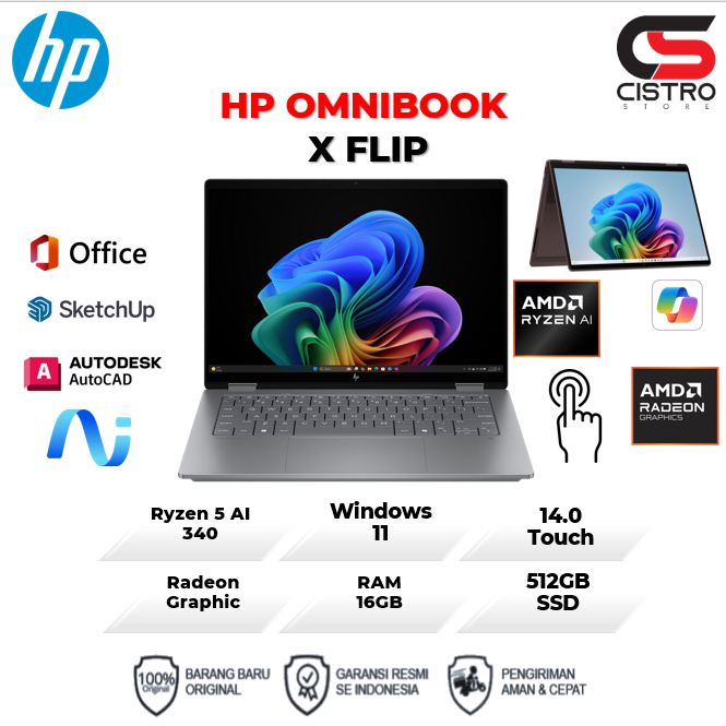 Laptop FLIP Touchscreen HP OMNIBOOK X FLIP 2IN1 14 RYZEN AI 5 340 16GB 512GB W11 14.0FHD SLV