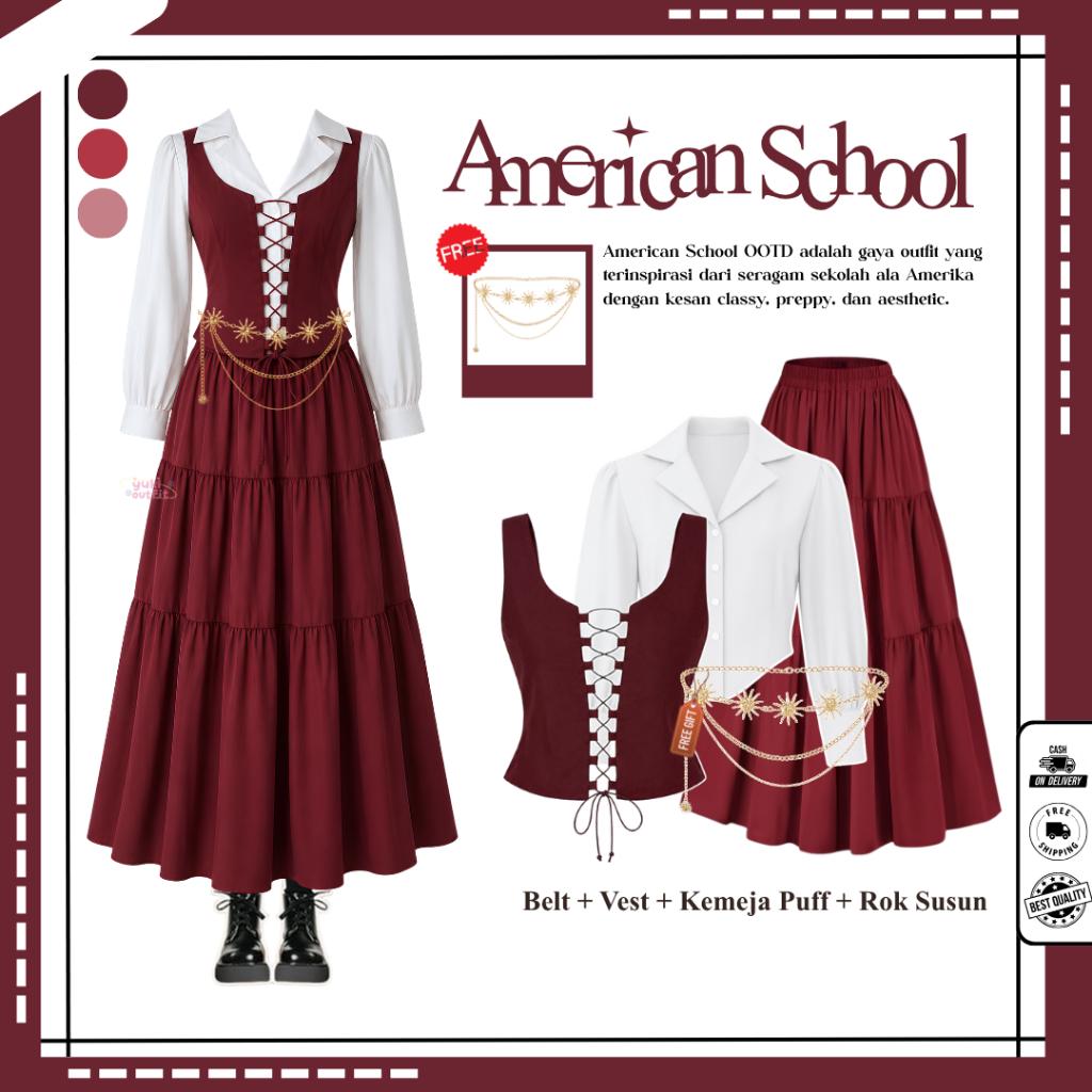 American School Yearbook ( Belt, Vest Tali, Kemeja, Rok Susun Merah ) Outfit Premium Yearbook - N210