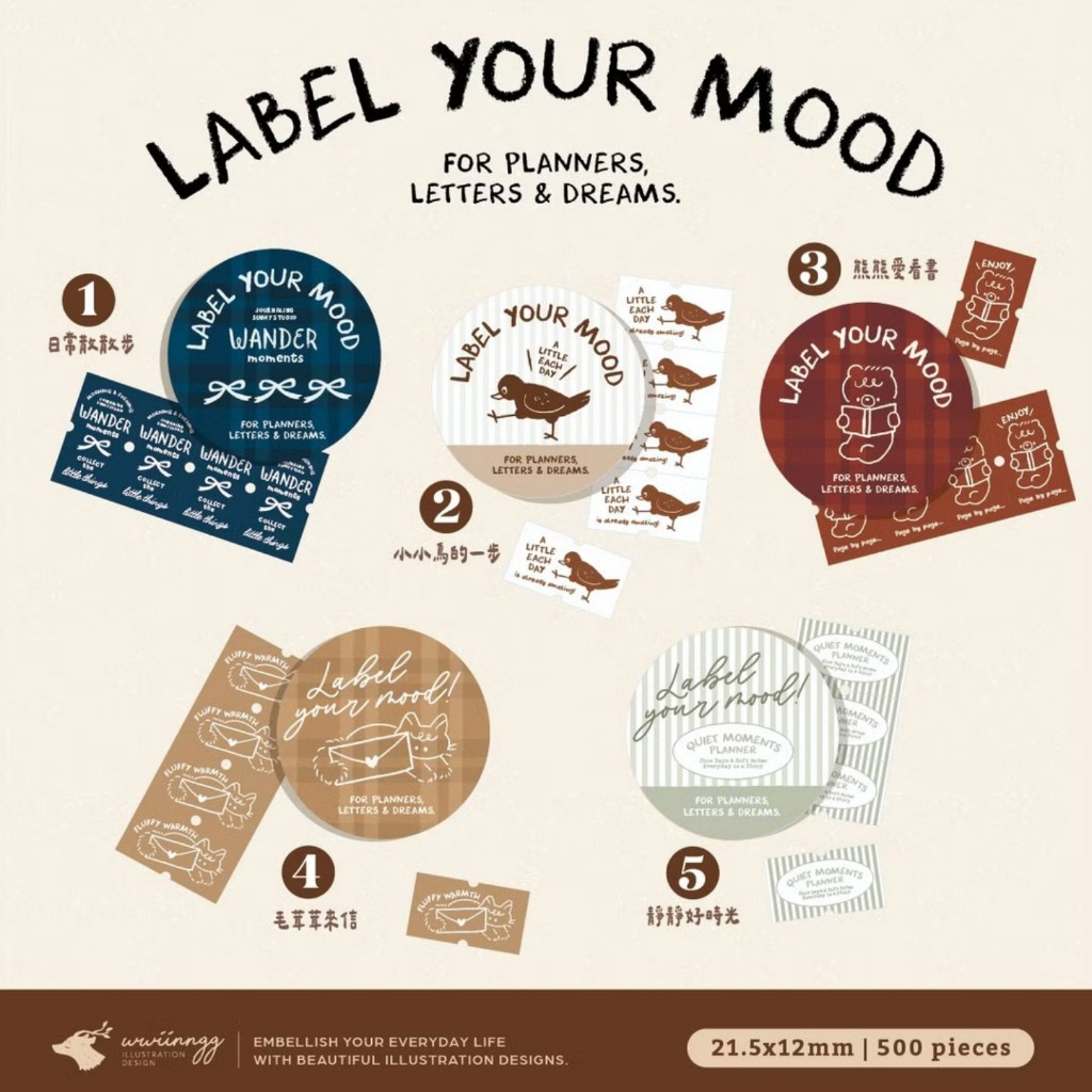 WWIINNGG - ‘Label Your Mood’ Label Sticker Roll (FULL ROLL) - Cute Vintage Animal Journal Scrapbook