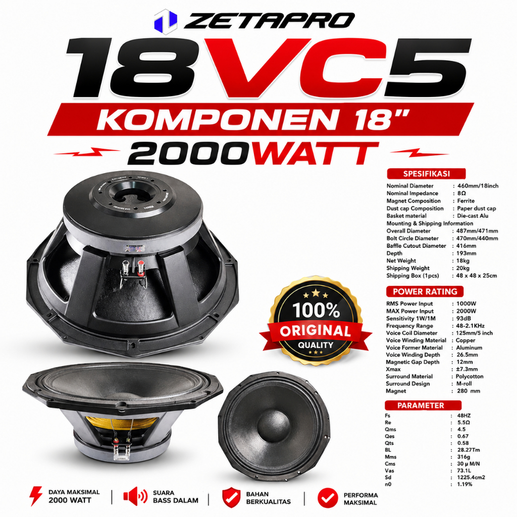 Komponen Speaker 18" Zetapro 18VC5 / Zetapro 18 VC5 / Zetapro Original 2000W