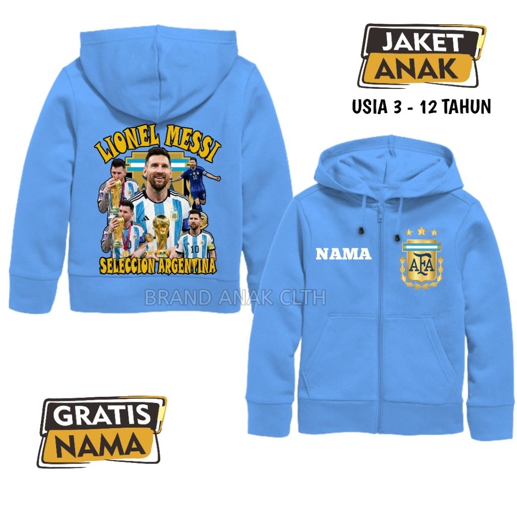Jacket Anak Hoodie Zipper Lionel Messi Argentina - Free Nama Jacket Anak Messi Fifa World Cup