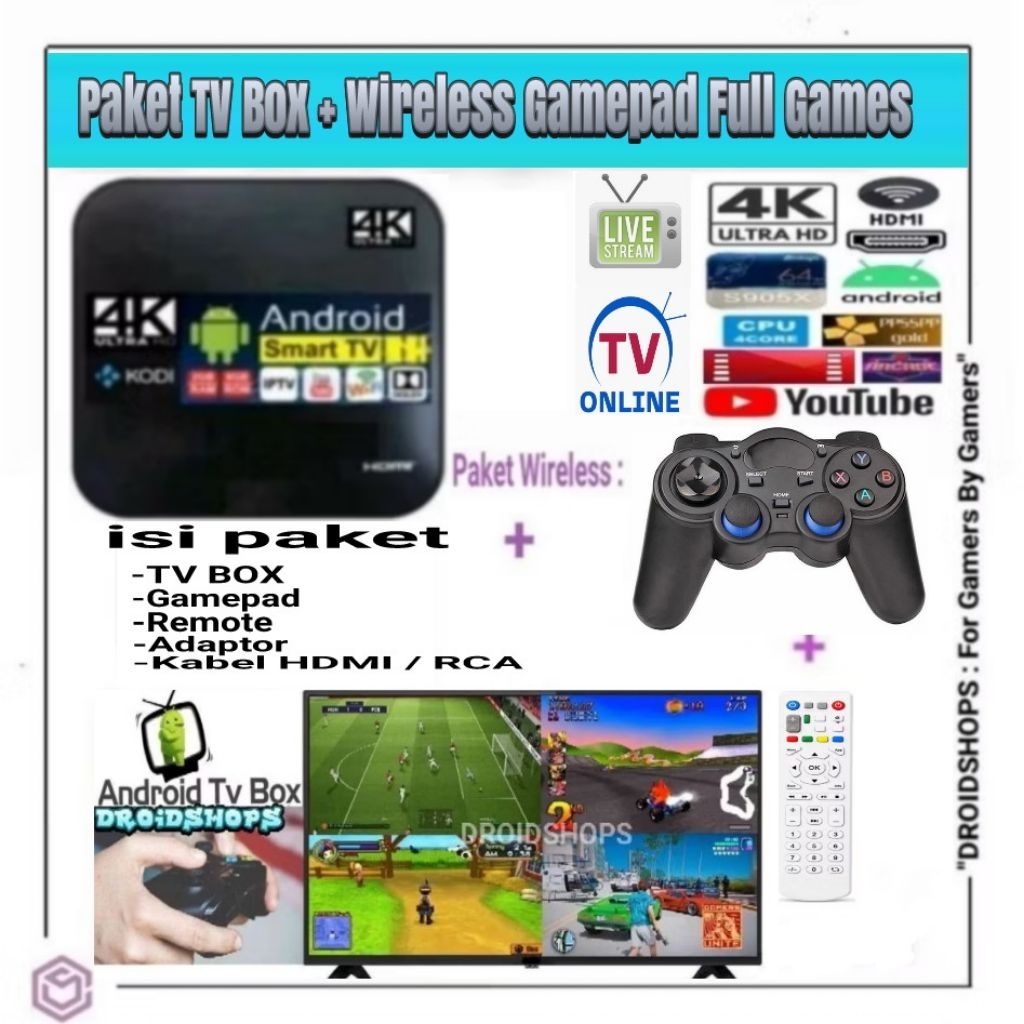 TV Box STB Android Paket Wireless + Gamepad Bluetooth Tanpa Kabel Full Games