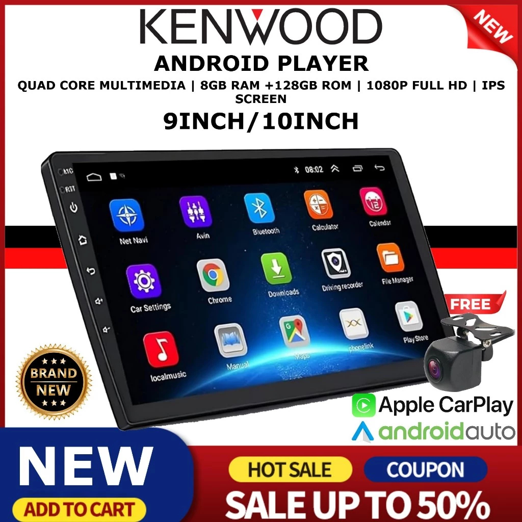 8GB RAM + 128GB ROM Kenwood 2026 Newest Android Player 9/10 Inch Quad Core Car Multimedia MP5 Player