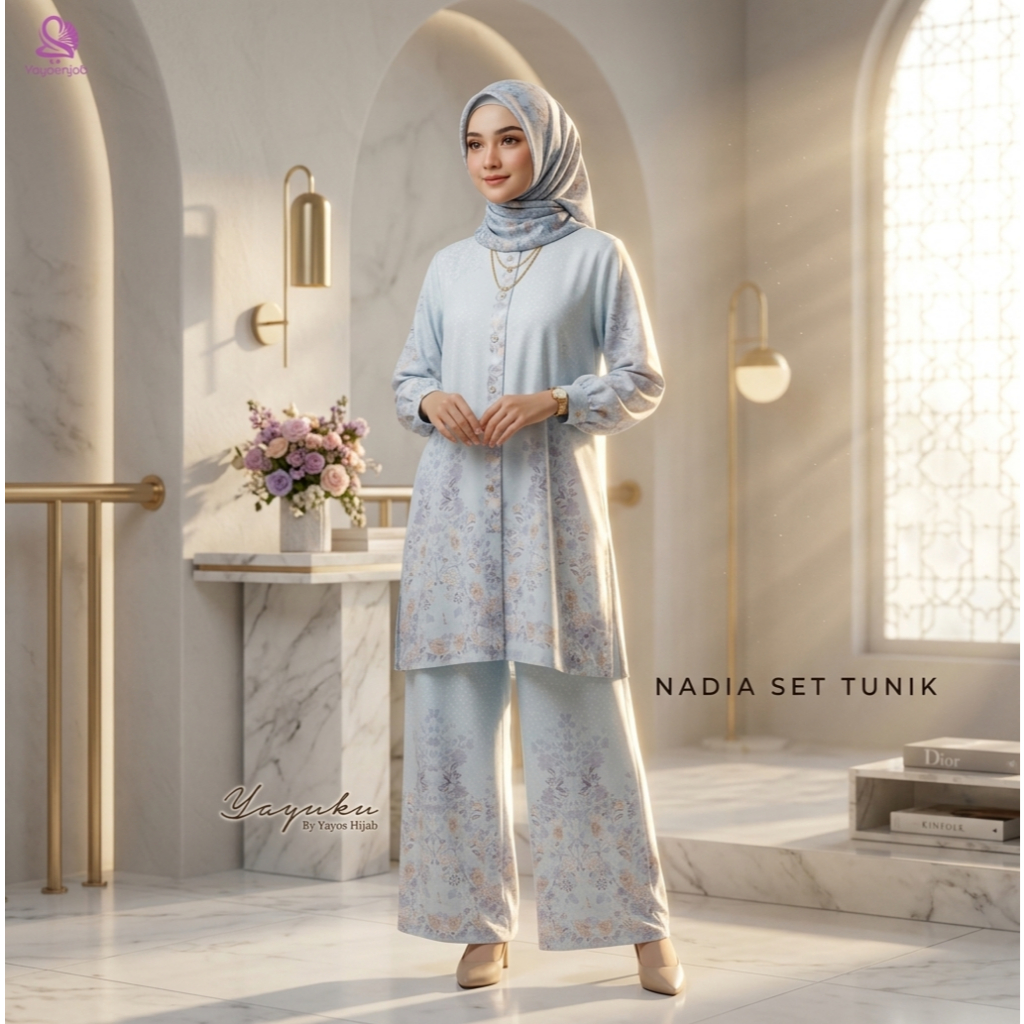 Nadia Set Tunik Muslimah Biru Muda Motif Bunga Setelan Tunik Dan Celana Panjang