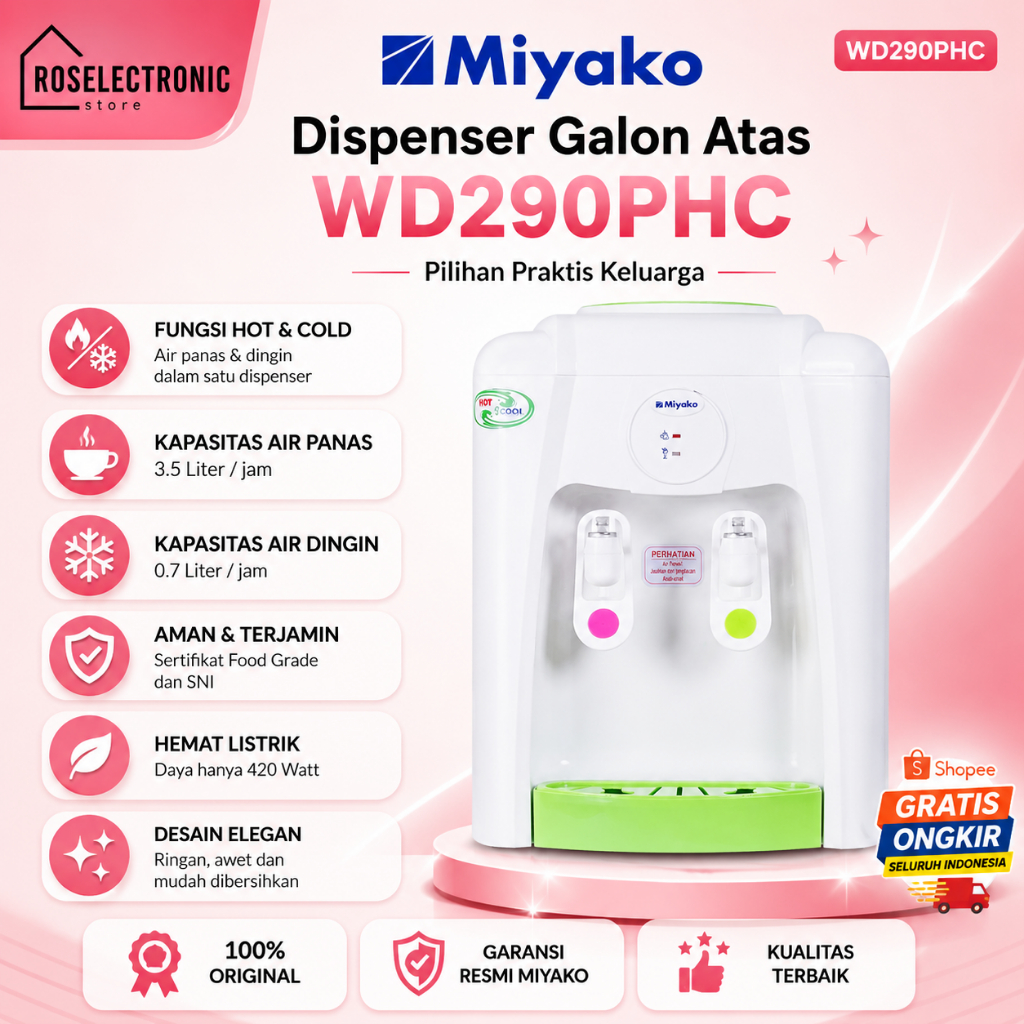 DISPENSER MIYAKO GALON ATAS WD 290 PHC/WD290PHC/WD-290-PHC/WD290HC/DISPENSER ORIGINAL GARANSI RESMI