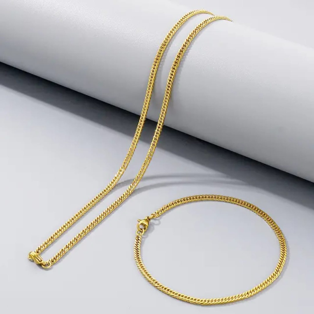 HEMAT SATU SET KALUNG GELANG RANTAI RAPAT TITANIUM ASLI KODE 12 HITAM GOLD TITANIUM