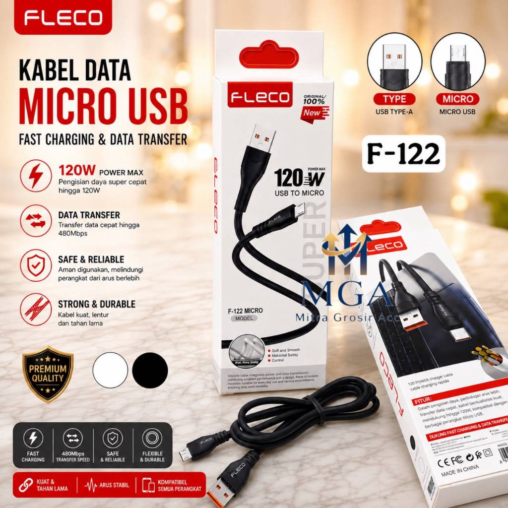 MGA - FLECO F-122 Kabel Data Micro / Type C Fast Charging 120W Kabel Charger 100cm For Smartphone