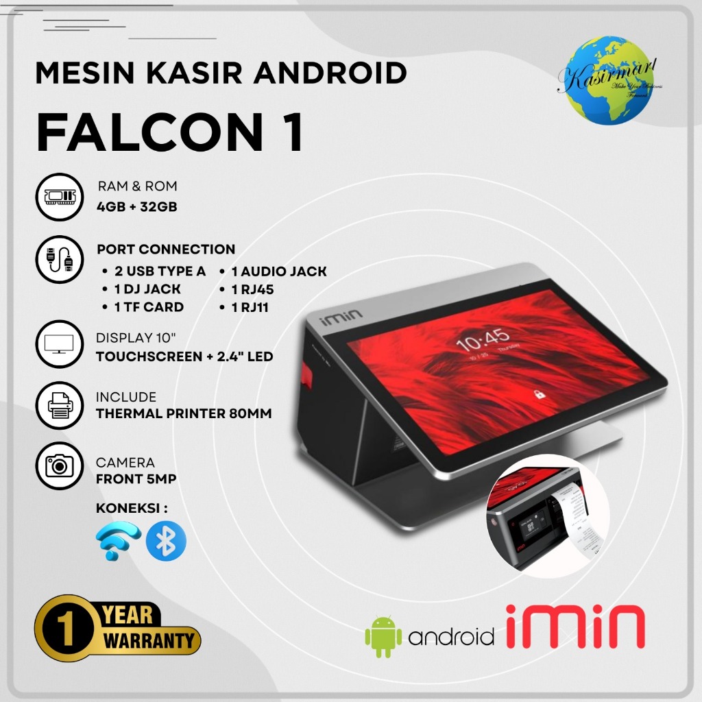 Mesin Kasir Android 11 iMin Falcon 1 Tablet POS 4GB/32GB NFc 4G LTE Desktop Printer 80mm Cafe Resto