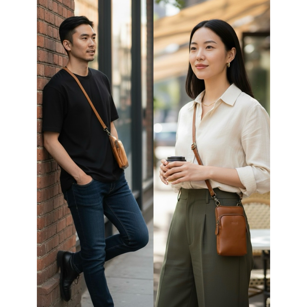 Tas Wanita Pria Kulit Asli Pouch Sling Selempang HP Hape